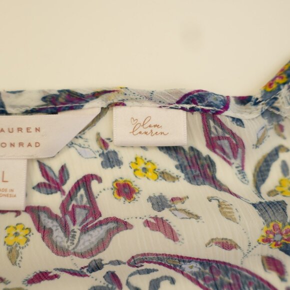 LC Lauren Conrad White Purple Blue Floral Sheer Scoop Neck Blouse Capped Large L - Picture 10 of 12